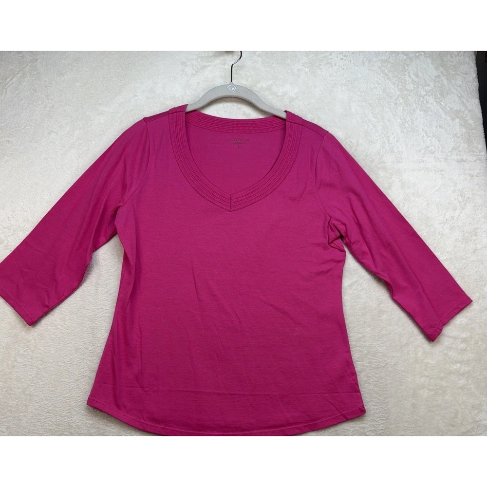 Coldwater Creek Supima Cotton V Neck Top Women's Small Pink 3/4 Sleeve Stretch